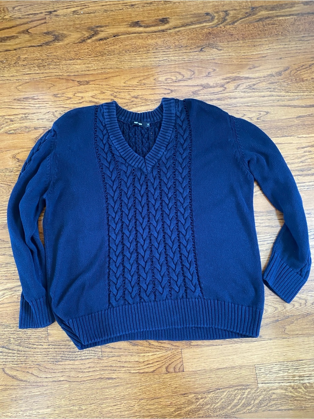 Saint + Sofia Organic Cotton Navy Blue Cable Knit V-Neck Chunky Sweater Size M